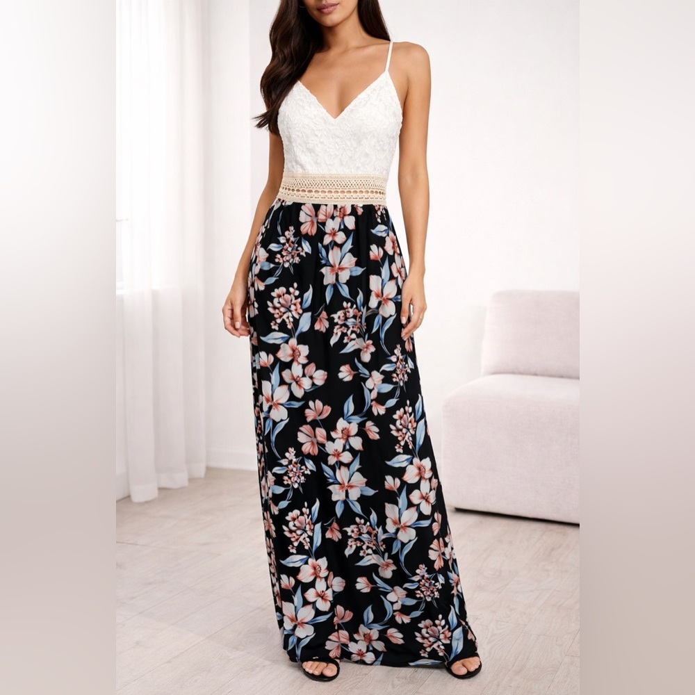 Floral Black Maxi Skirt with Blue and Pink Blooms. Size small